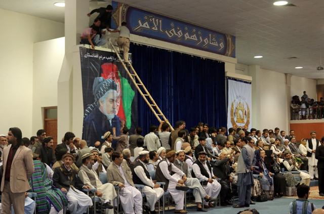 Abdullah poster instalation in Loya Jirga tent