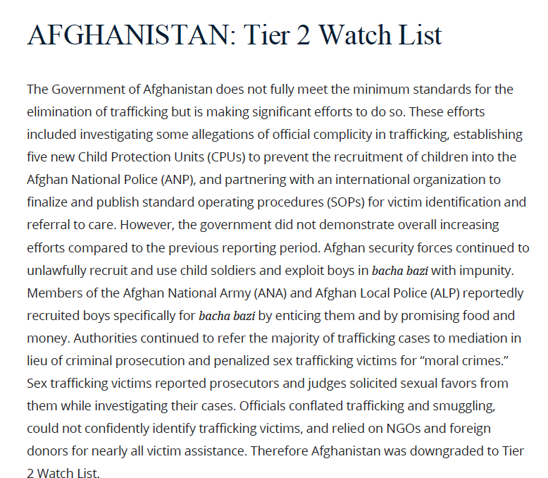 Trafficking in Person:  Afghanistan downgraded to Tier 2 Watch List