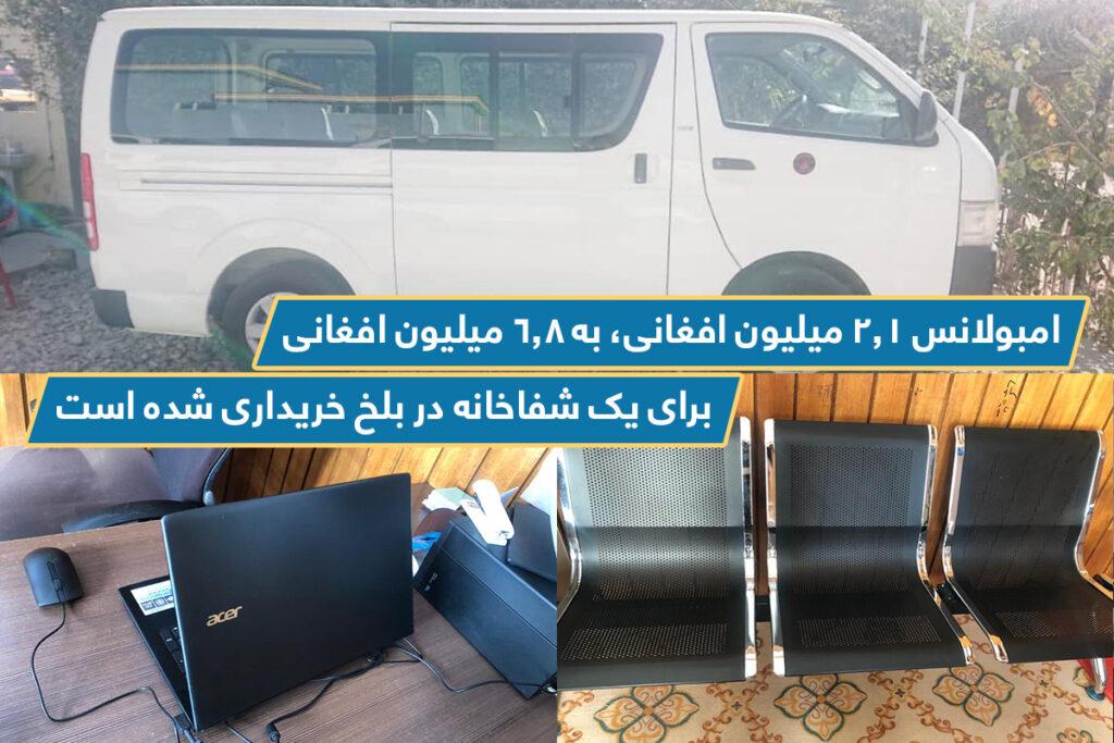 امبولانس ۲.۱ میلیون افغانی، به ۶.۸ میلیون افغانی برای يک شفاخانه در بلخ خریداری شده است