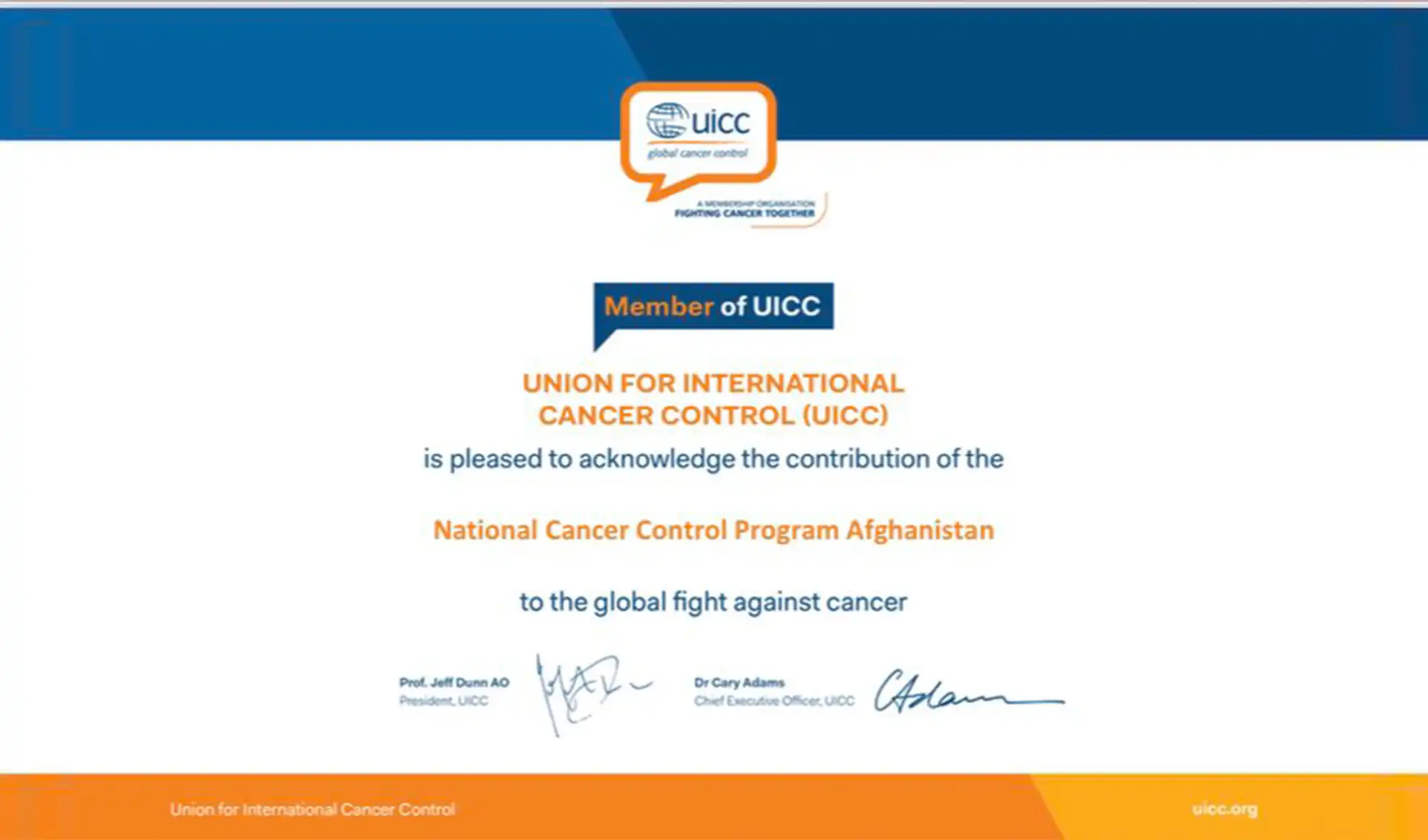 افغانستان د سرطان ناروغۍ نړۍوال کنوانسیون غړیتوب بېرته ترلاسه کړ