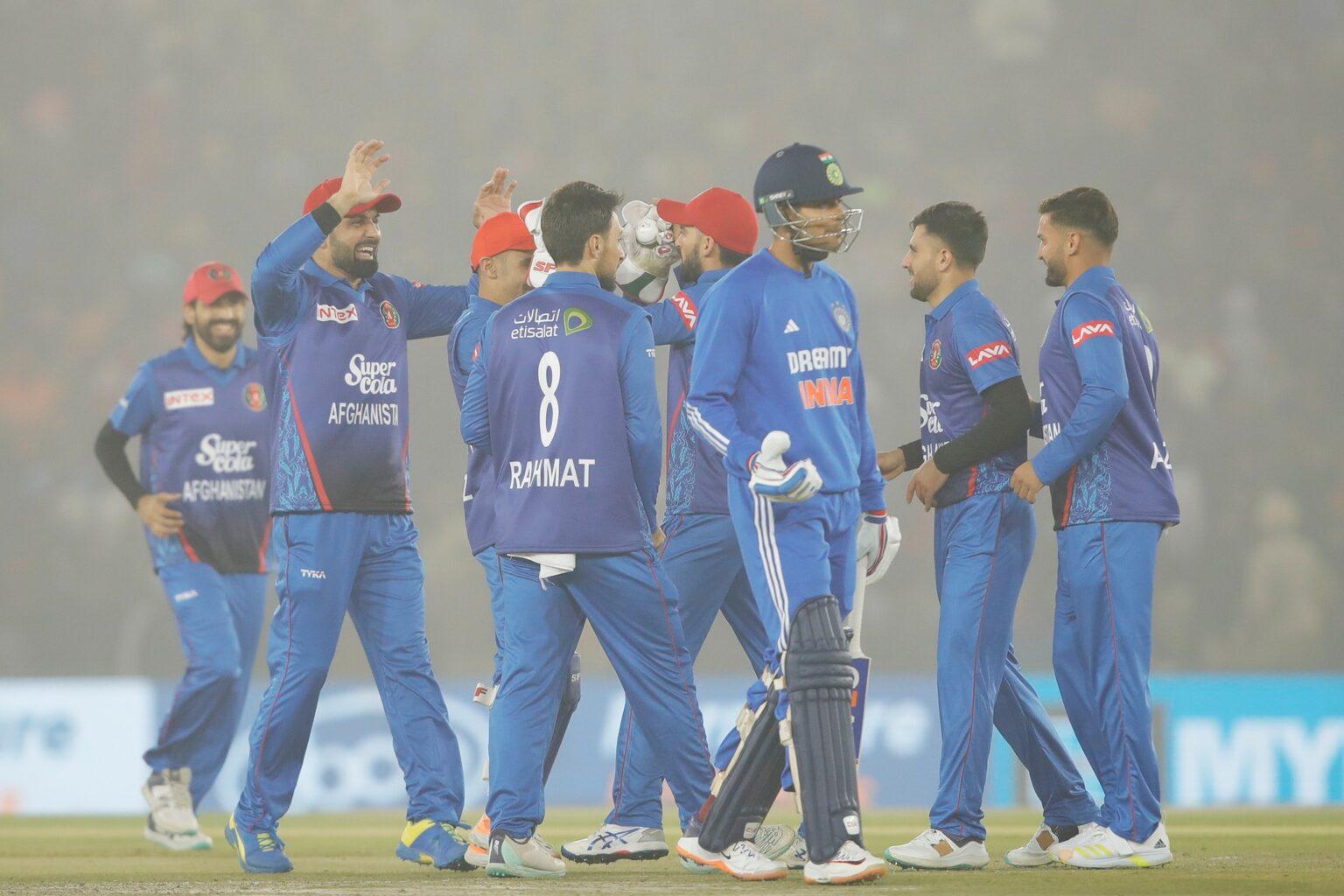 Afghanistancelebrating the wicket of Rohit Sharma of India during the 1st T20I between India and Afghanistan held at the Inderjit Singh Bindra Stadium in Mohali on the 11th January 2024
Photo by Saikat Das / Sportzpics for BCCI