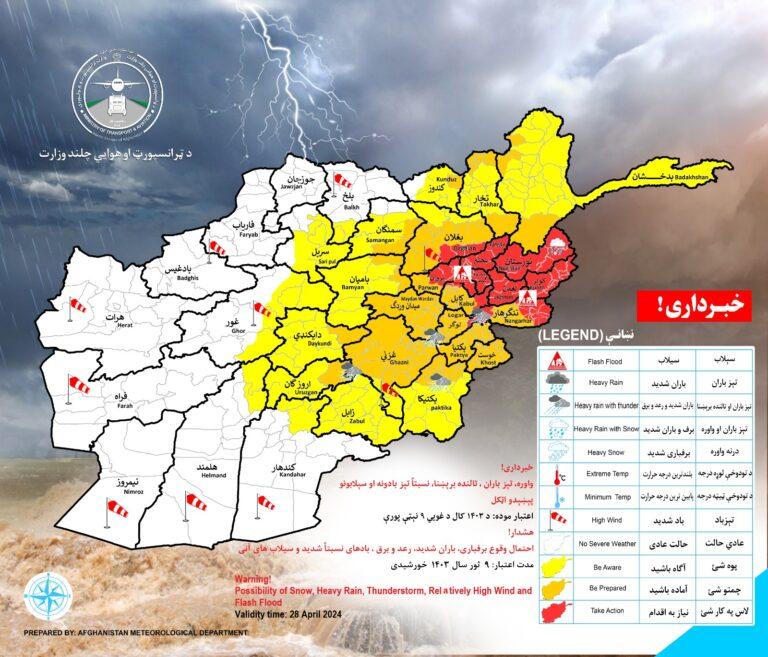 هشدار از احتمال بارش برف و باران و بادهای شدید در ۲۸ ولایت کشور
