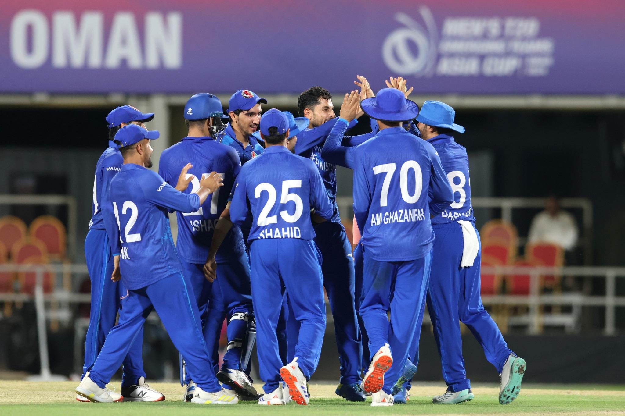 Afghanistan A players celebrate the wicket of Nuwanidu Fernando of Sri Lanka A during the ACC Men's T20 Emerging Teams Asia Cup 2024 Group A match between Sri Lanka A and Afghanistan A held at the Oman Cricket Academy Ground, Muscat, Oman on October 18, 2024.

Photo by Deepak Malik / CREIMAS for Asian Cricket Council