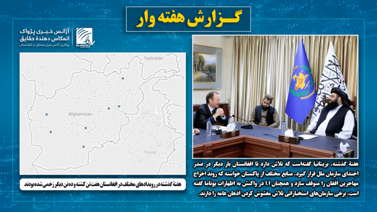 هفتۀ گذشته در رویدادهای مختلف در افغانستان هفت تن کشته و ده تن دیگر زخمی شده بودند