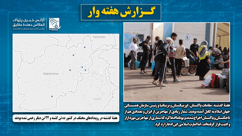 هفتۀ گذشته در رویدادهای مختلف در کشور ده تن کشته و ۲۲ تن دیگر زخمی شده‌ بودند