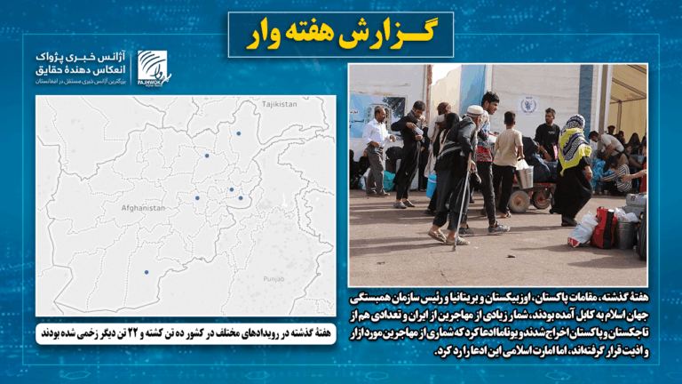 هفتۀ گذشته در رویدادهای مختلف در کشور ده تن کشته و ۲۲ تن دیگر زخمی شده‌ بودند