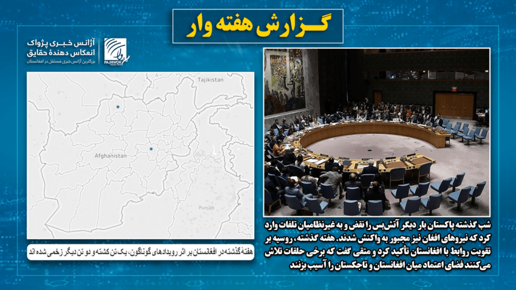 هفتهٔ گذشته در افغانستان بر اثر رویدادهای گوناگون، یک تن کشته و دو تن دیگر زخمی شده‌اند